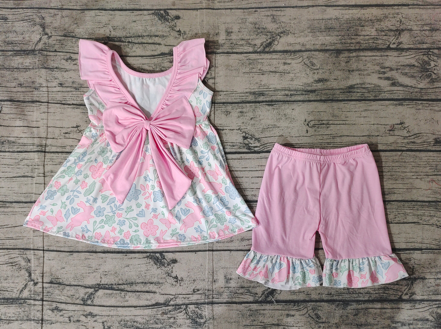 Baby Girls Pink Easter Rabbits Tunic Ruffle Shorts Clothes Sets
