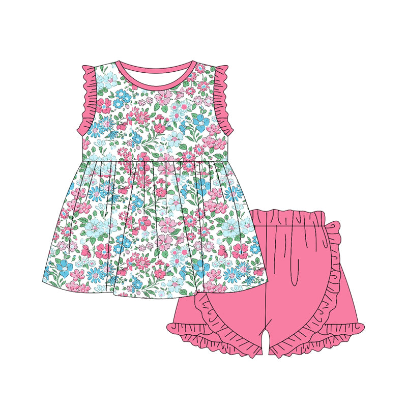 Baby Girls Pink Flowers Tunic Ruffle Shorts Clothes Sets Preorder