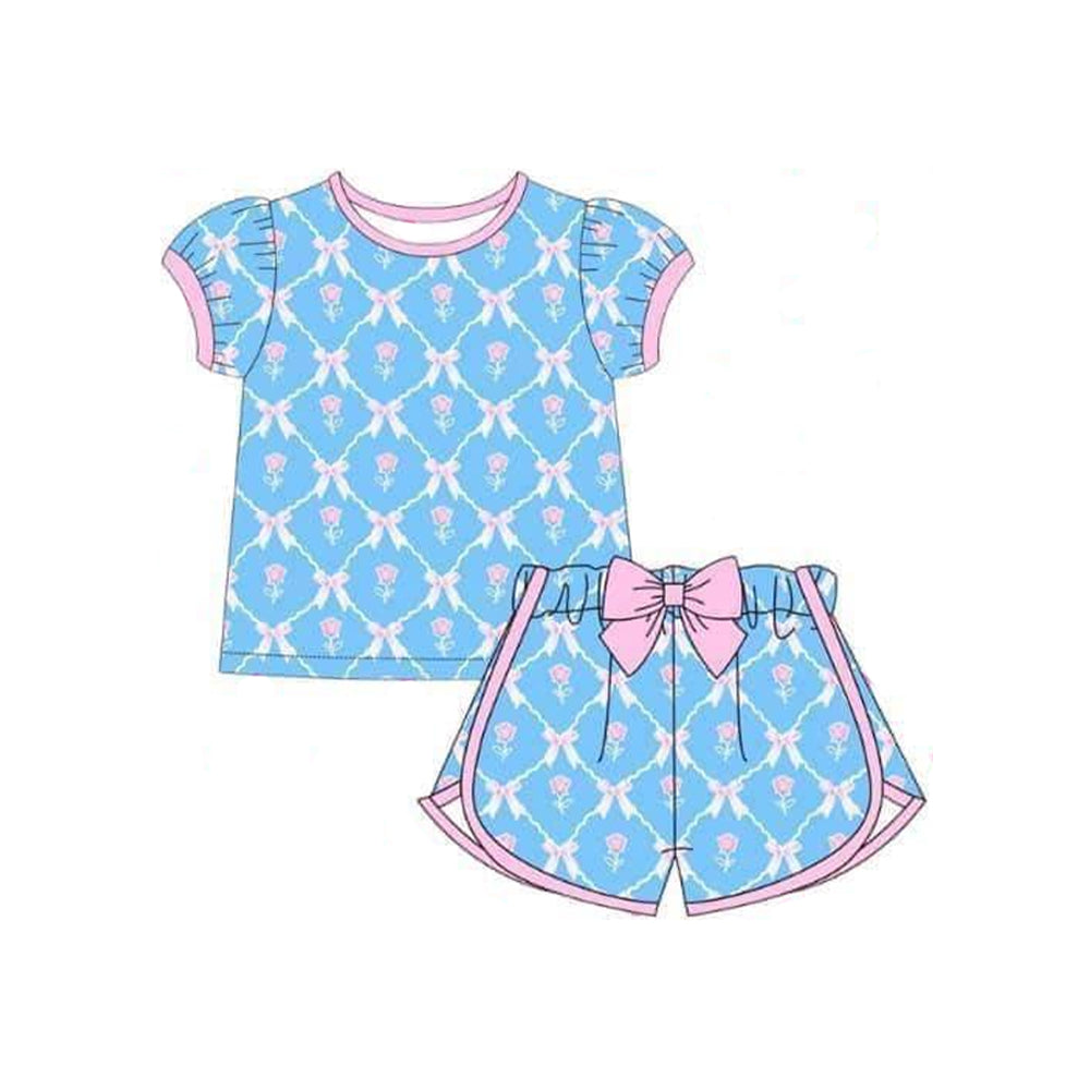 Baby Girls Blue Bows Flowers Shirt Shorts Clothes Sets Preorder