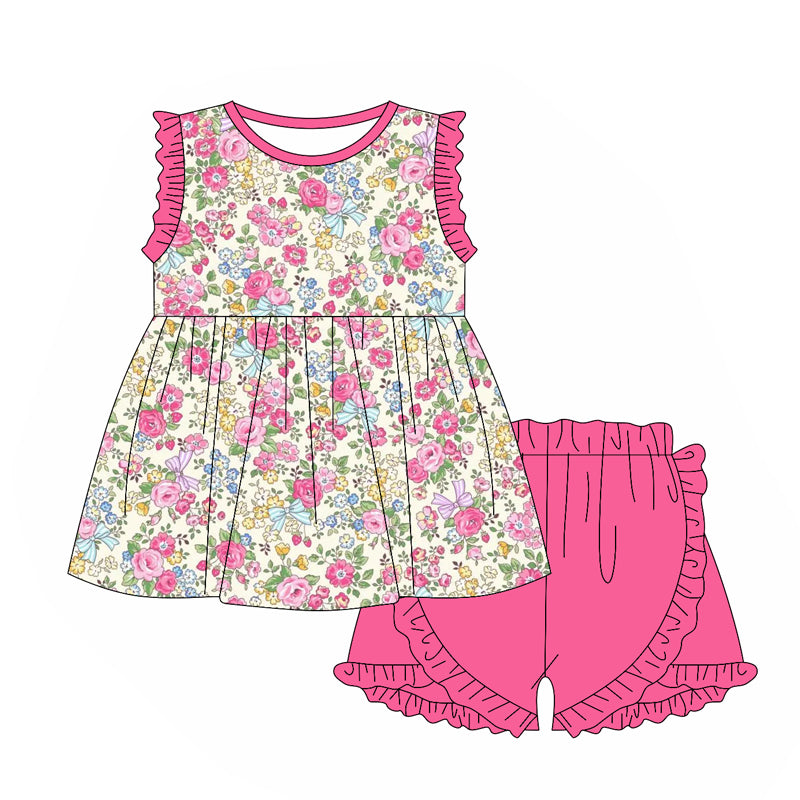 Baby Girls Pink Flowers Tunic Ruffle Shorts Clothes Sets Preorder