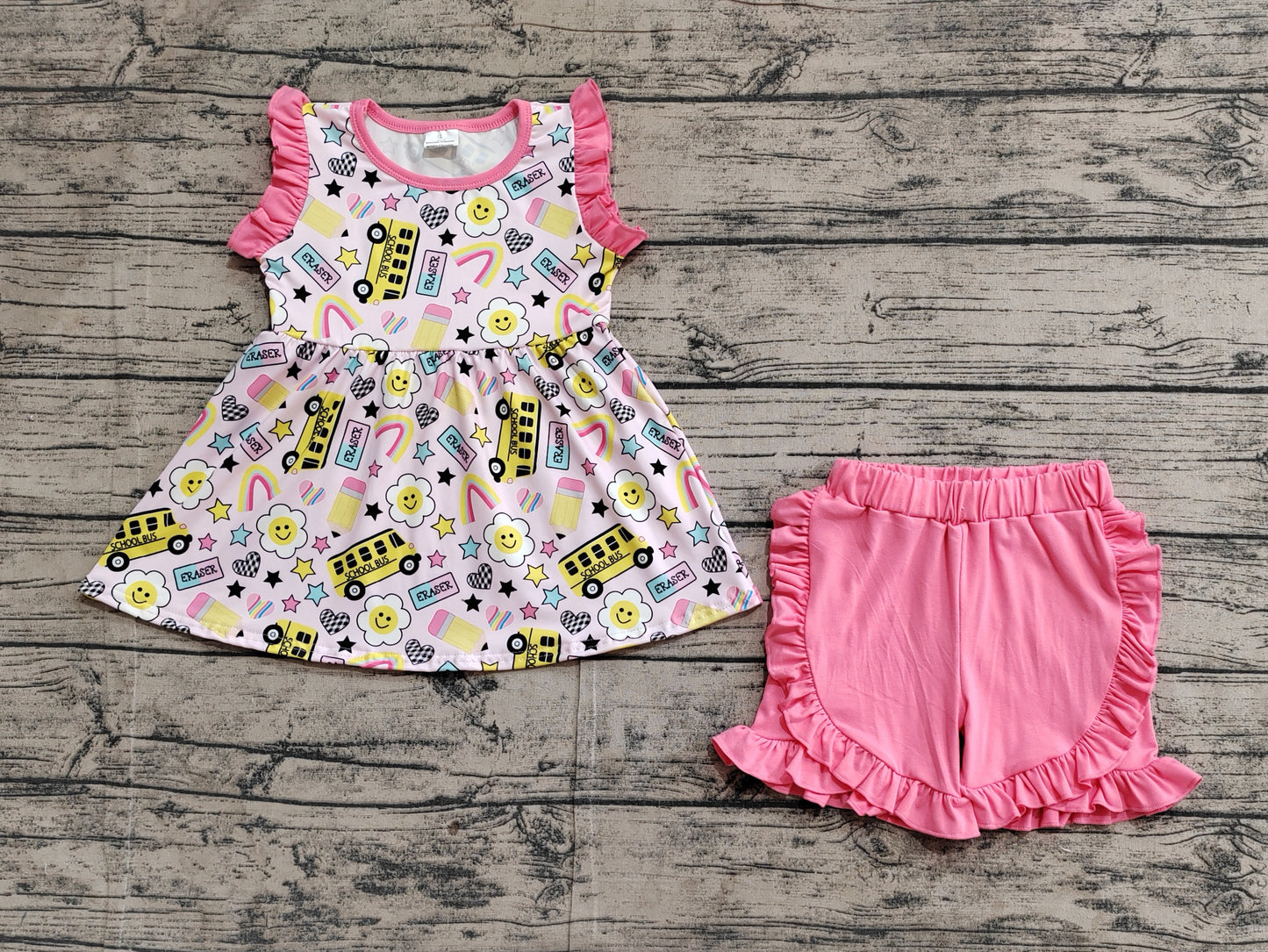 Baby Girls Bus Back To School Tunic Ruffle Shorts Clothes Sets