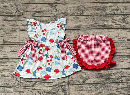 Baby Girls Navy Flowers Bows Tunic Ruffle Shorts Clothes Sets