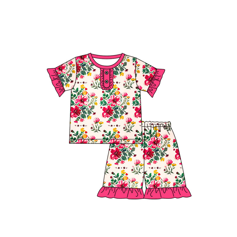 Baby Girls Red Flowers Shirts Ruffle Shorts Pajamas Clothes Sets Preorder