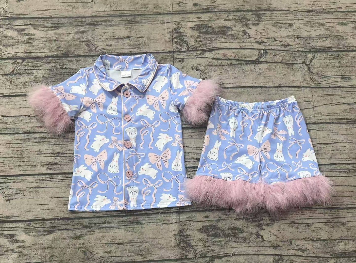 Baby Girls Easter Rabbits Bows Fur Shirt Shorts Pajamas