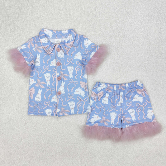 Sibling Baby Girls Easter Rabbits Bows Fur Shirts Shorts Pajamas