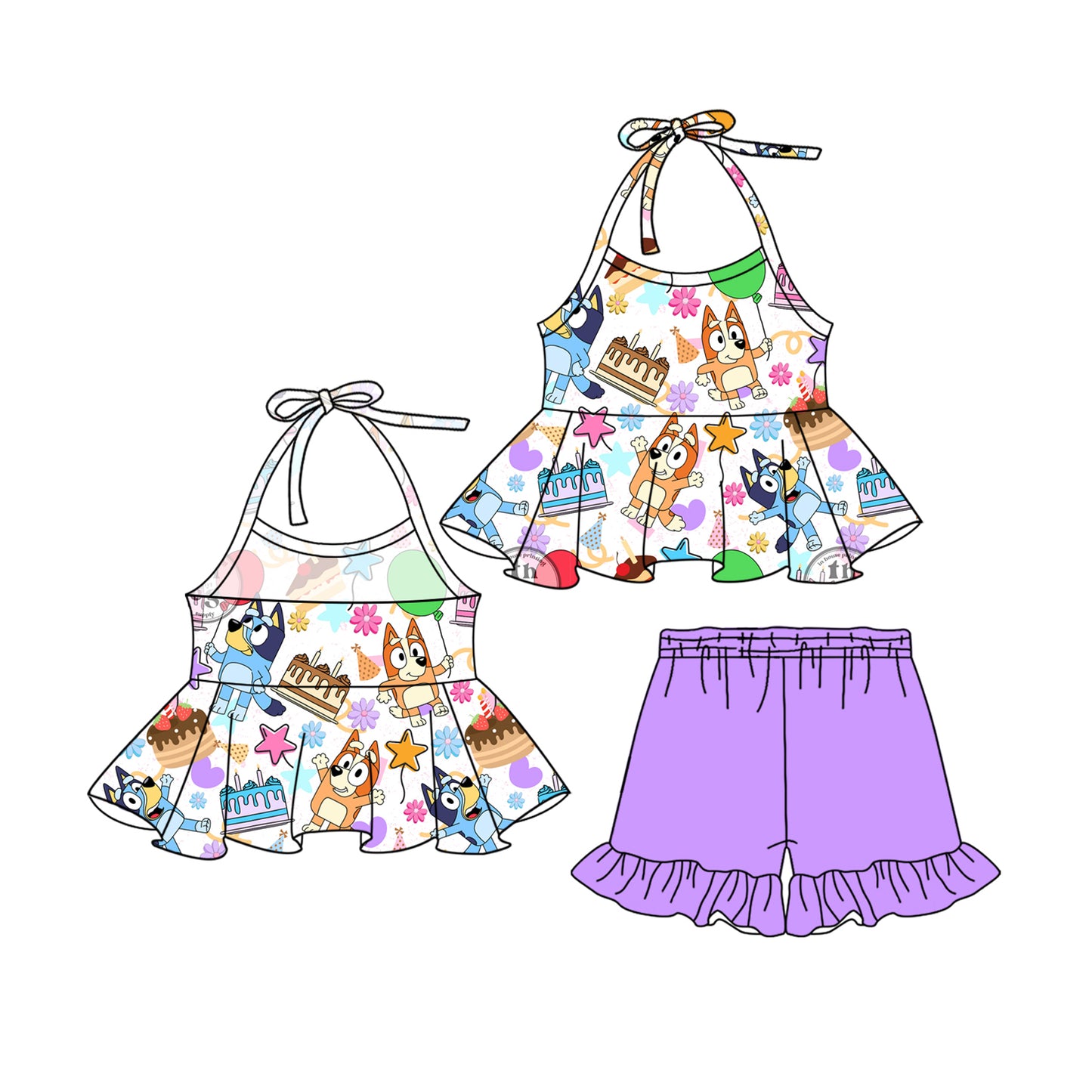 Baby Girls Dogs Birthday Party Tunic Ruffle Shorts Clothes Sets Preorder