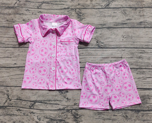 Baby Girls Pink Soccer Buttons Shirt Shorts Pajamas Clothes Sets