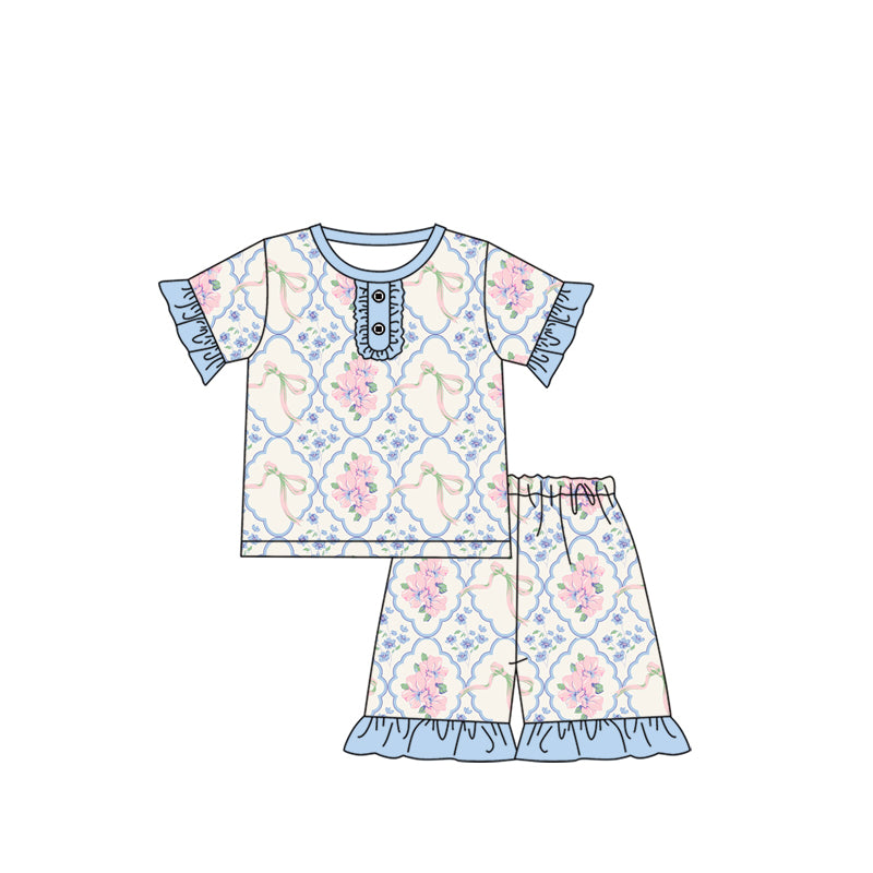 Baby Girls Pink Flowers Bows Ruffle Shirts Shorts Pajamas Preorder