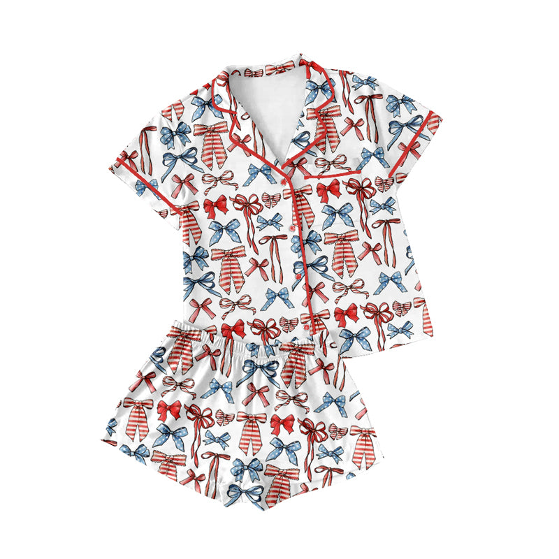 Adult Women 4th Of July Bows Lapel Buttons Tops Shorts Pajamas Preorder