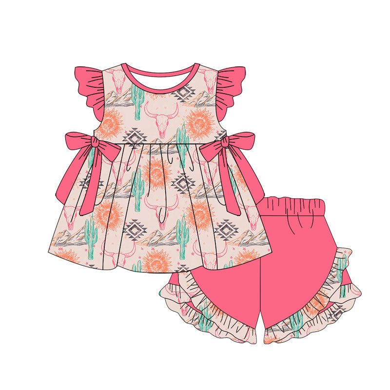 Baby Girls Western Aztec Cow Bows Tunic Ruffle Shorts Clothes Sets Preorder