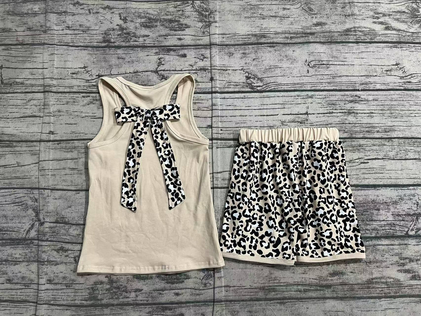 Baby Girls Khaki Pocket Bow Vest Ruffle Leopard Shorts Sets