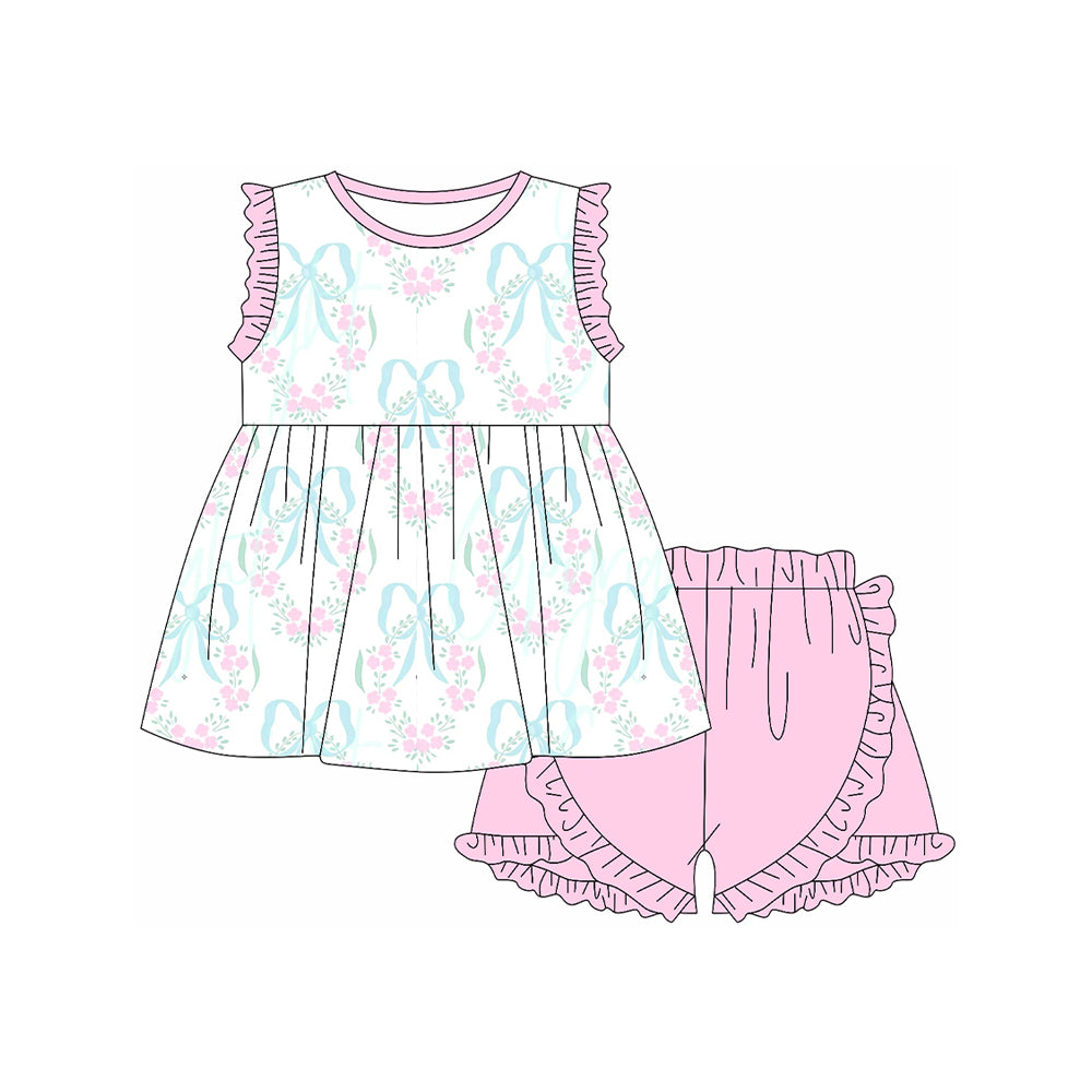 Baby Girls Pink Bows Flowers Tunic Ruffle Shorts Sets Preorder