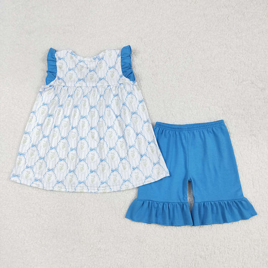 Baby Girls Blue Bows Flowers Tunic Ruffle Shorts Sets
