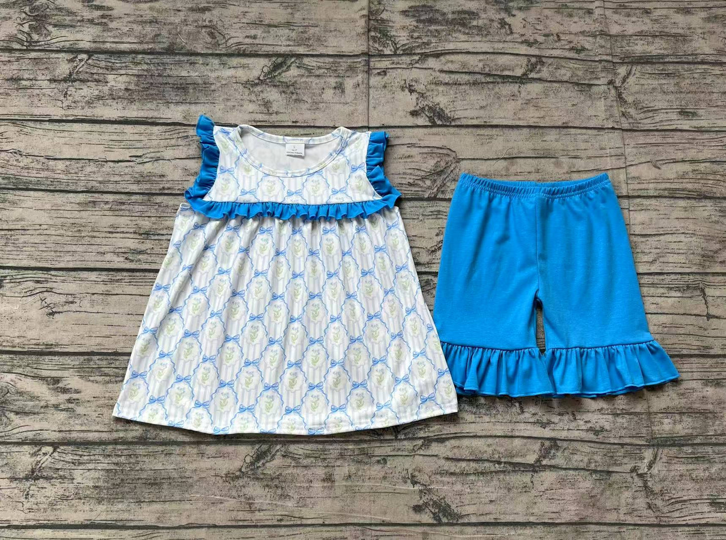Baby Girls Blue Bows Flowers Tunic Ruffle Shorts Sets
