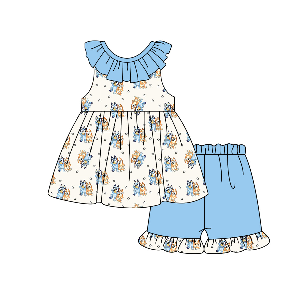Baby Girls Blue Dog Stars Tunic Ruffle Shorts Sets Preorder