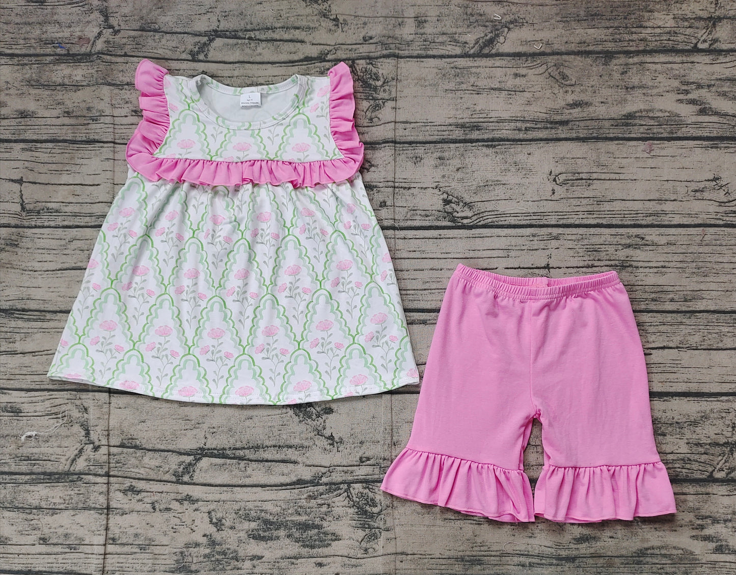 Baby Girls Green Bows Pink Flowers Tunic Shorts Sets
