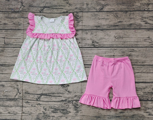 Baby Girls Green Bows Pink Flowers Tunic Shorts Sets