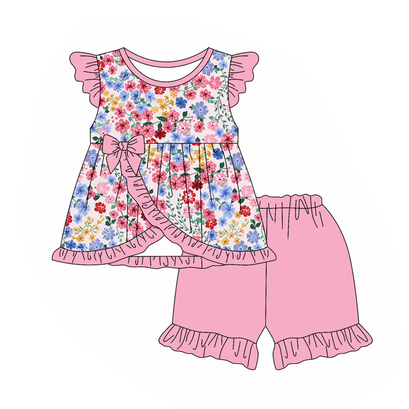 Baby Girls Pink Flowers Bows Tunic Ruffle Shorts Sets Preorder