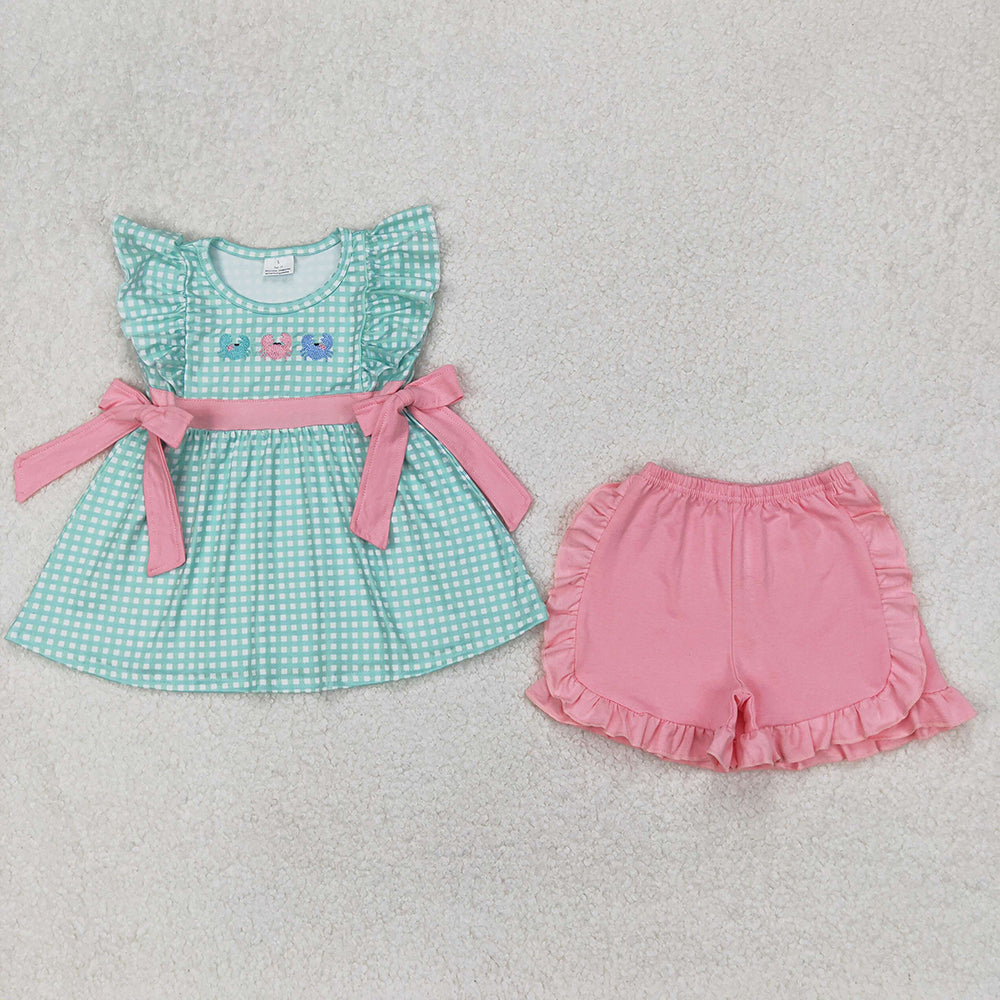 Embroidery Baby Girls Crabs Bows Tunic Ruffle Shorts Sets