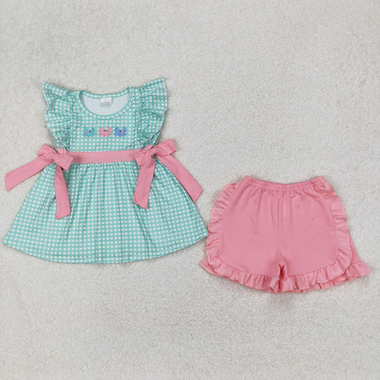 Sibling Embroidery Baby Girls Crabs Bows Rompers Outfits Sets