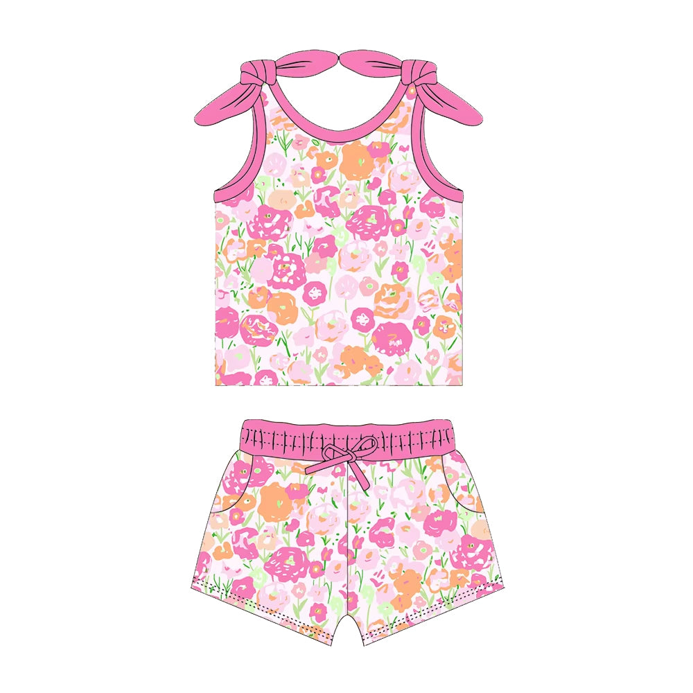 Baby Girls Pink Flowers Bows Tie Vest Top Shorts Clothes Sets Preorder