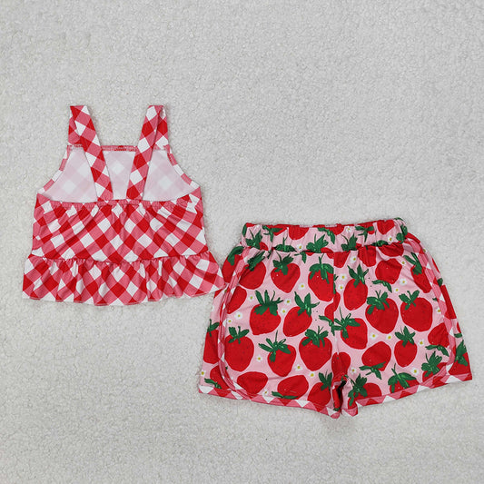 Baby Girls Red Checkered Straps Top Strawberry Shorts Clothes Sets