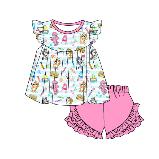 Preorder moq 5 Baby Girls Back To School Dogs Tunic Ruffle Shorts Sets