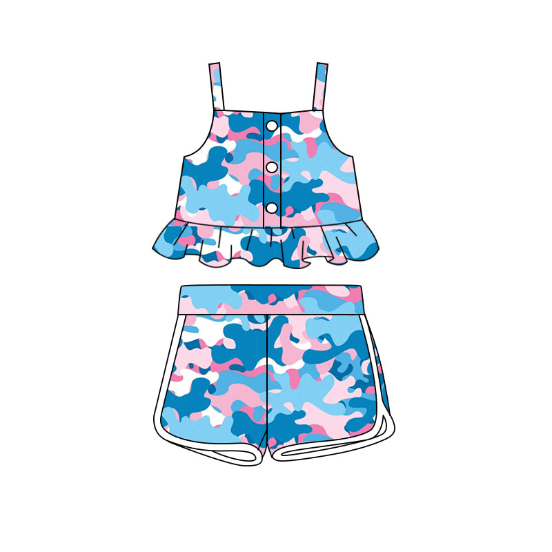 Baby Girls Blue Pink Camo Straps Top Shorts Clothes Sets Preorder