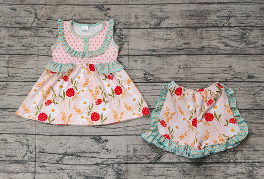 Baby Girls Summer Polka Dots Flowers Tunic Ruffle Shorts Sets