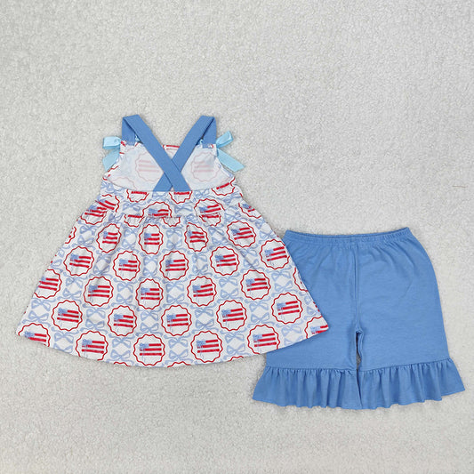 Baby Girls Blue Bows Flag Top Ruffle Shorts Clothes Sets