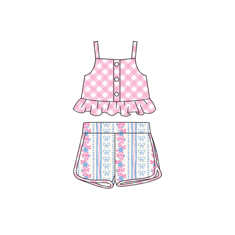 Baby Girls Pink Checkered Straps Top Flowers Shorts Clothes Sets preorder