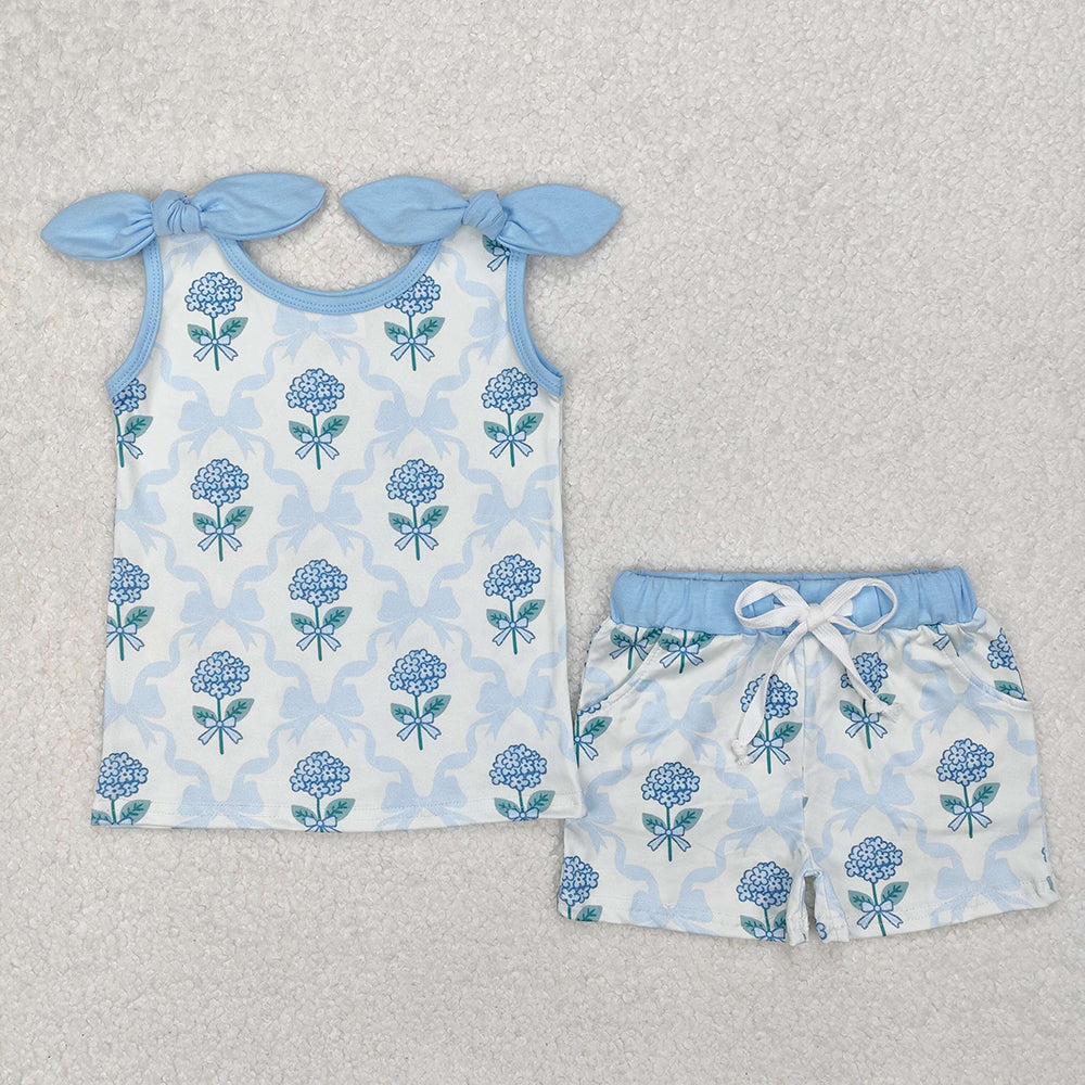 Sibling Baby Girls Blue Flowers Bows Yoga Summer Outfits