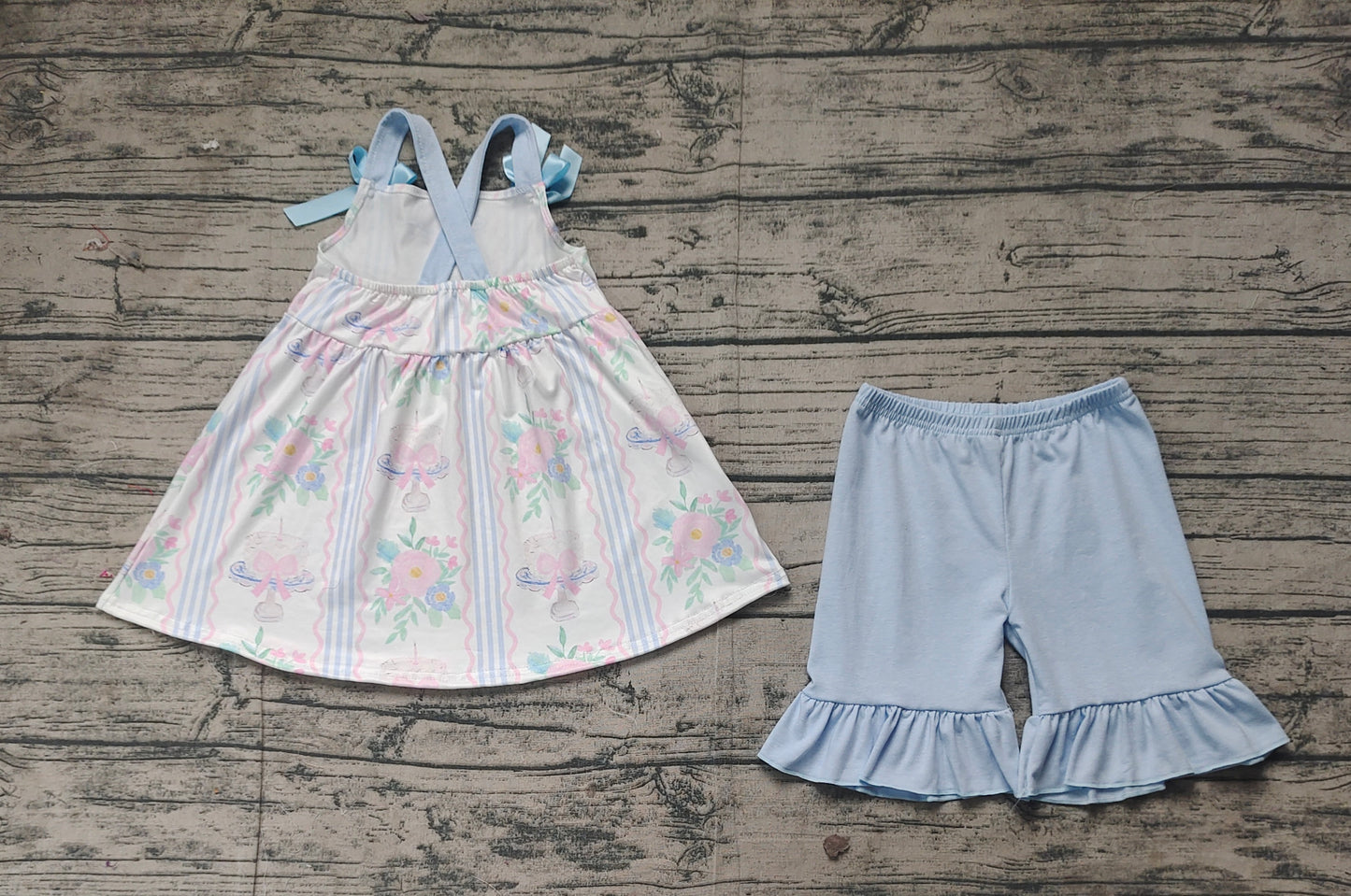 Baby Girls Flowers Cakes Straps Bows Top Shorts Clothes Sets