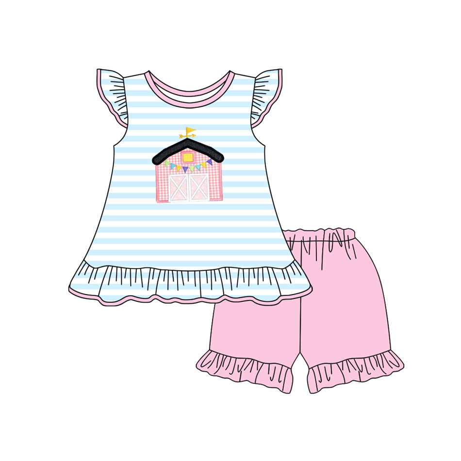 Baby Girls Blue Stripes Farm Top Ruffle Shorts Clothes Sets preorder