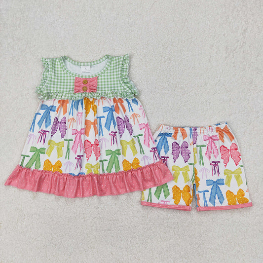 Sibling Baby Girls Colorful Bows Tops Shorts Outfits Sets