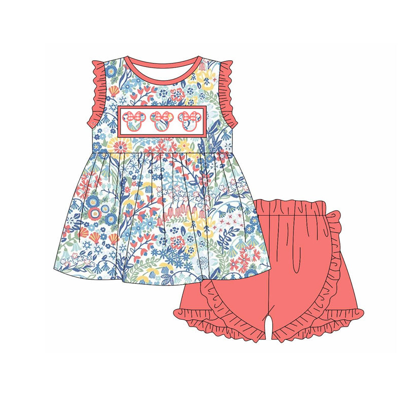 Baby Girls Cartoon Flowers Tunic Top Ruffle Shorts Clothes Sets preorder