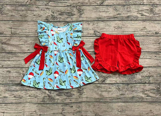 Baby Girls Fishing Float Bows Tunic Top Ruffle Shorts Clothes Sets