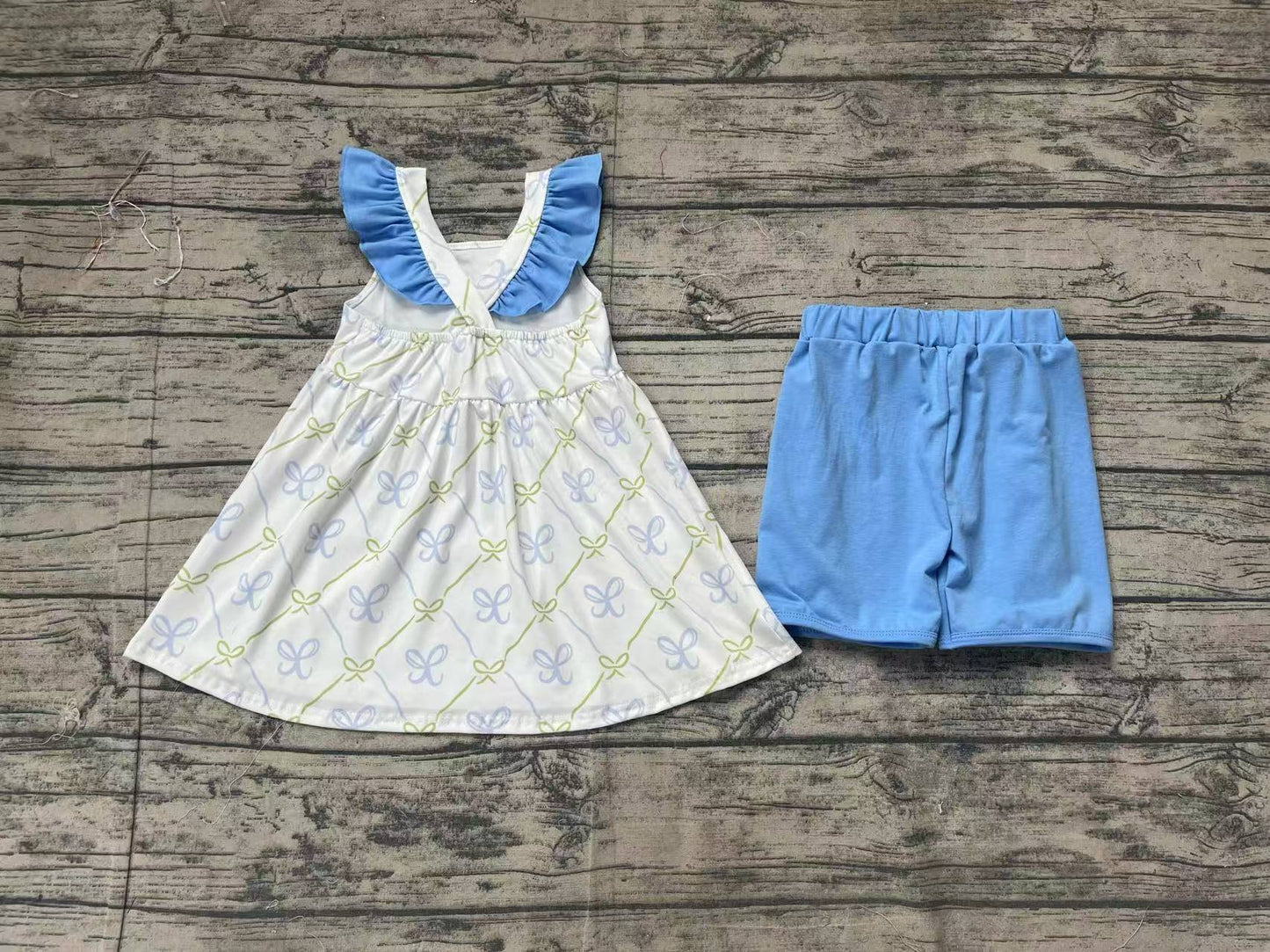 Baby Girls Blue Bows Tunic Ruffle Shorts Clothes Sets