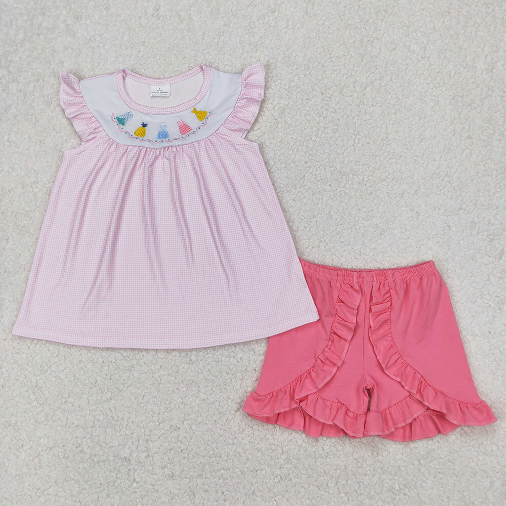 Embroidery Baby Girls Pink Princess Tunic Top Ruffle Shorts Clothes Sets