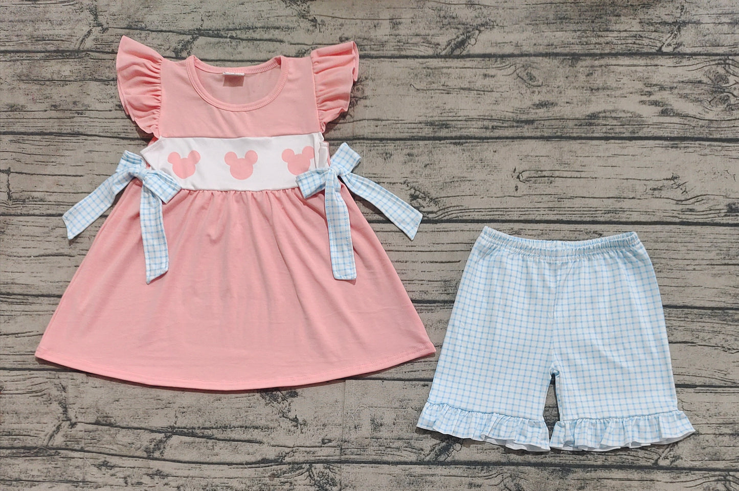Baby Girls Pink Cartoon Mouse Bows Top Ruffle Shorts Clothes Sets