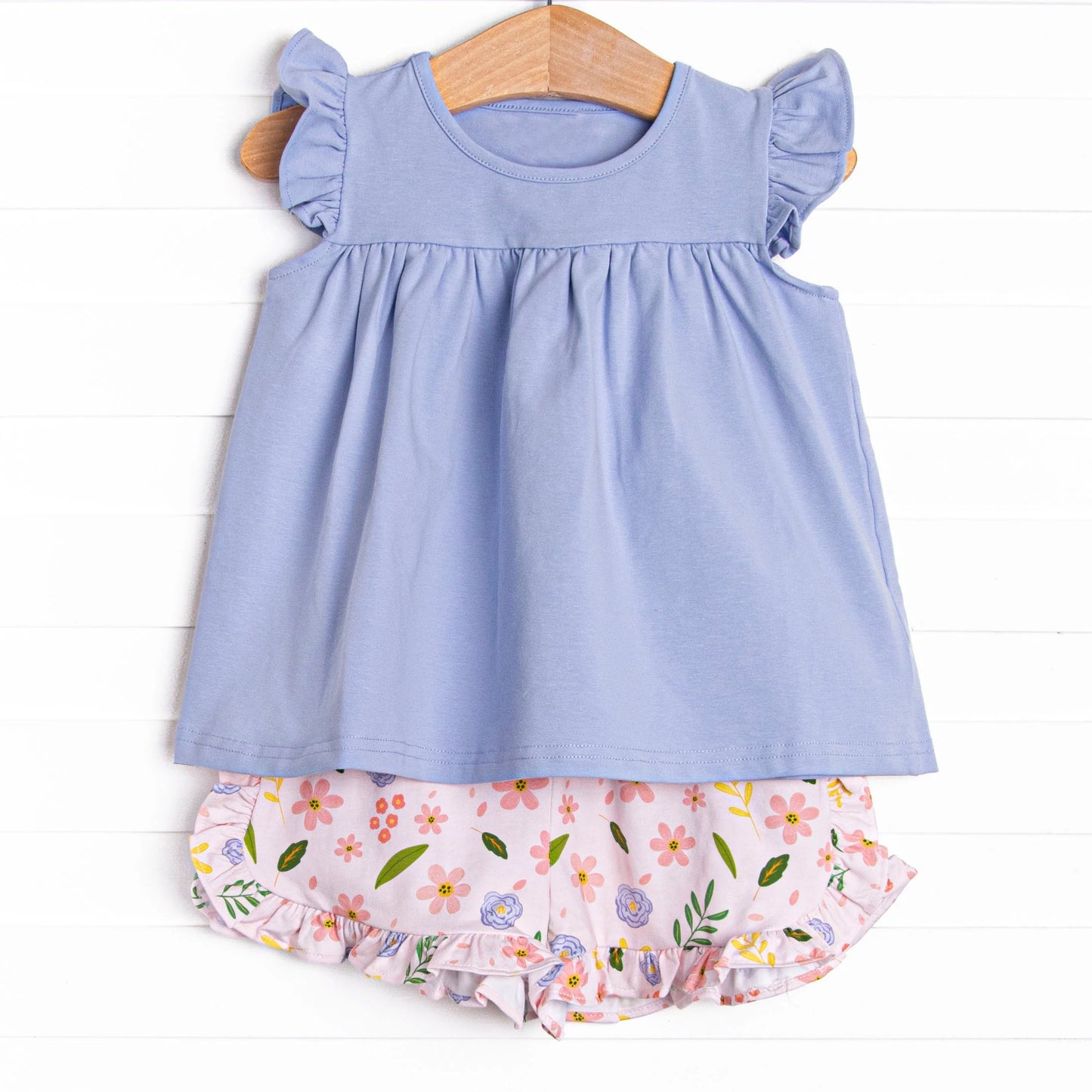 Baby Girls Blue Tunic Top Ruffle Flowers Shorts Clothes Sets Preorder