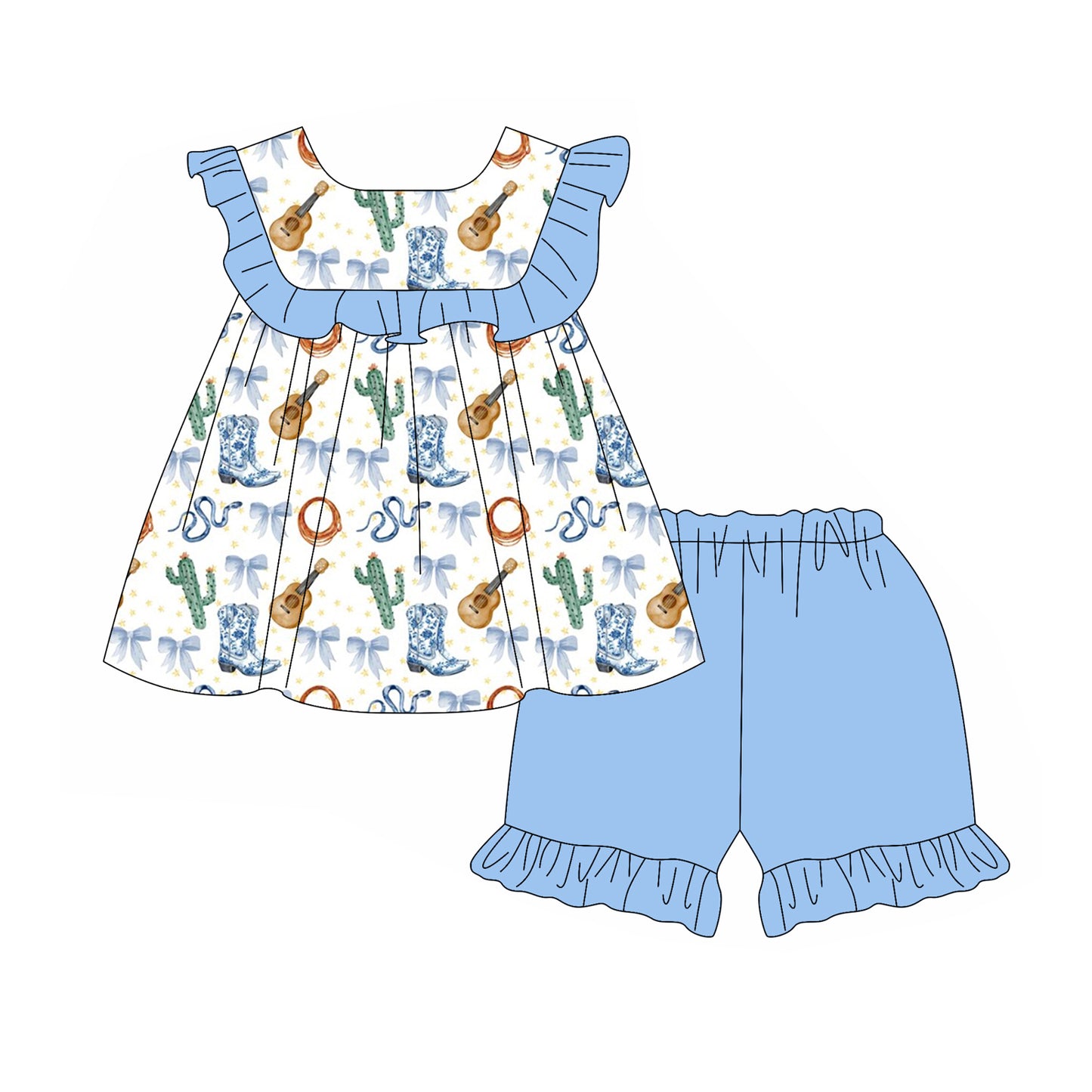 Baby Girls Western Boots Cactus Top Ruffle Shorts Clothes Sets Preorder