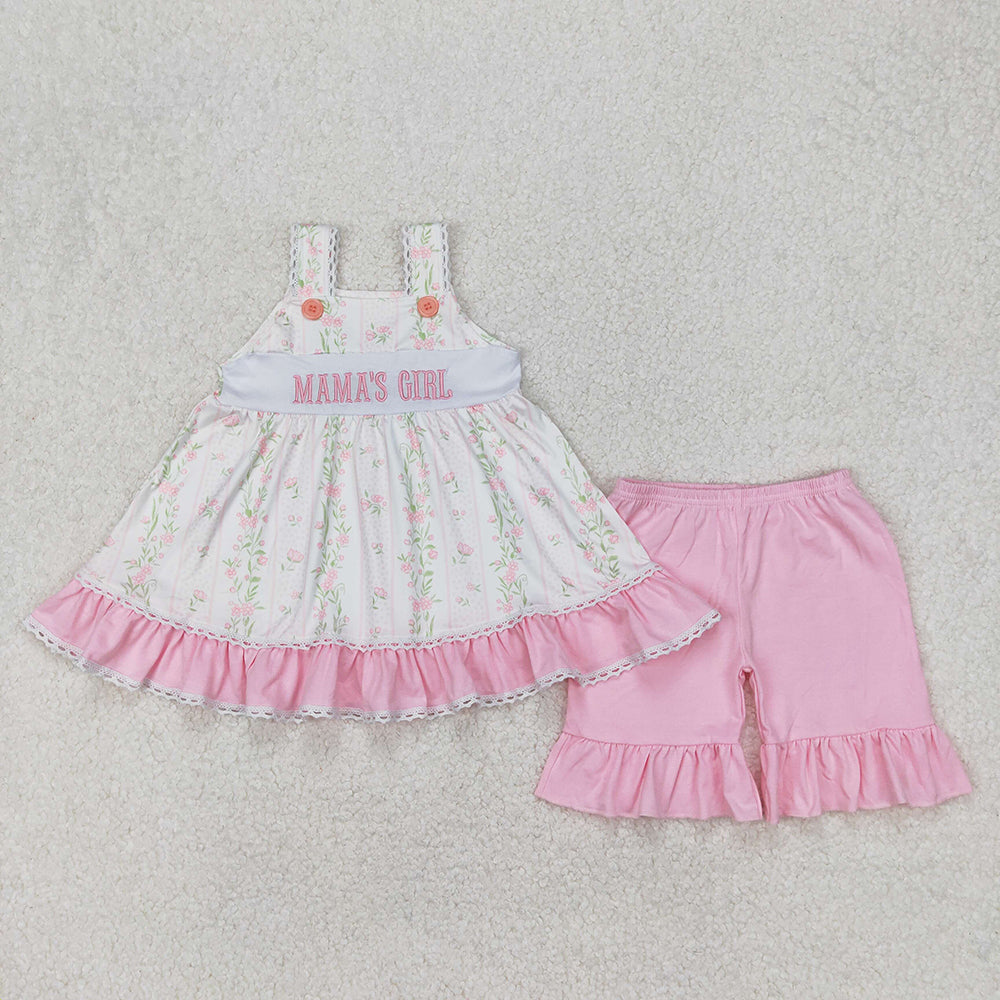 Embroidery Baby Girls Pink Bows Mama's Girl Straps Tunic Ruffle Shorts Outfits