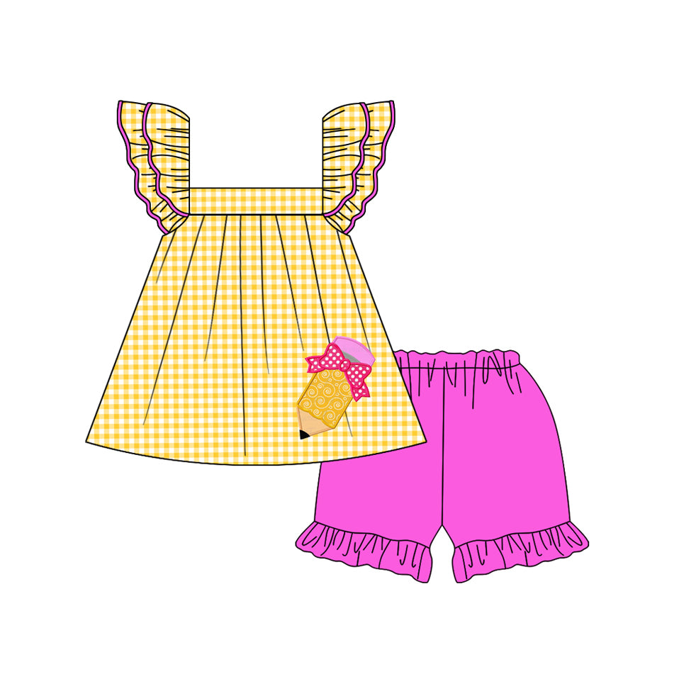 Baby Girls Back To School Pencil Tunic Ruffle Shorts Clothes Sets Preorder