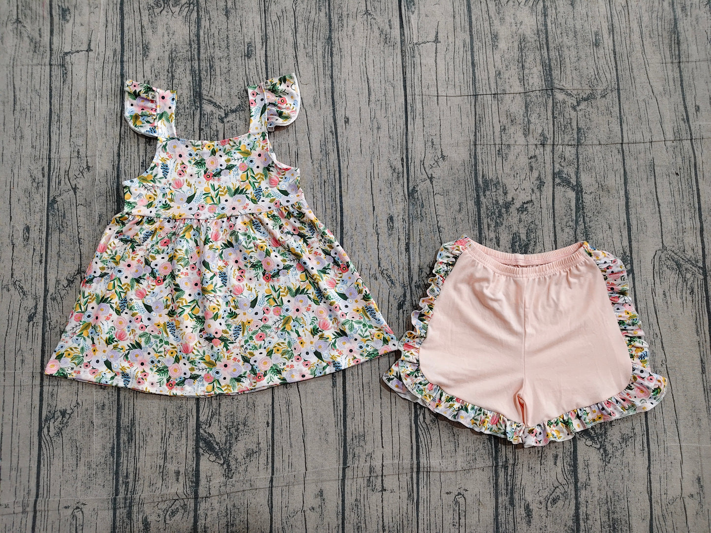 Baby Girls Flutter Sleeve Colorful Flowers Tunic Ruffle Shorts Clothes Sets