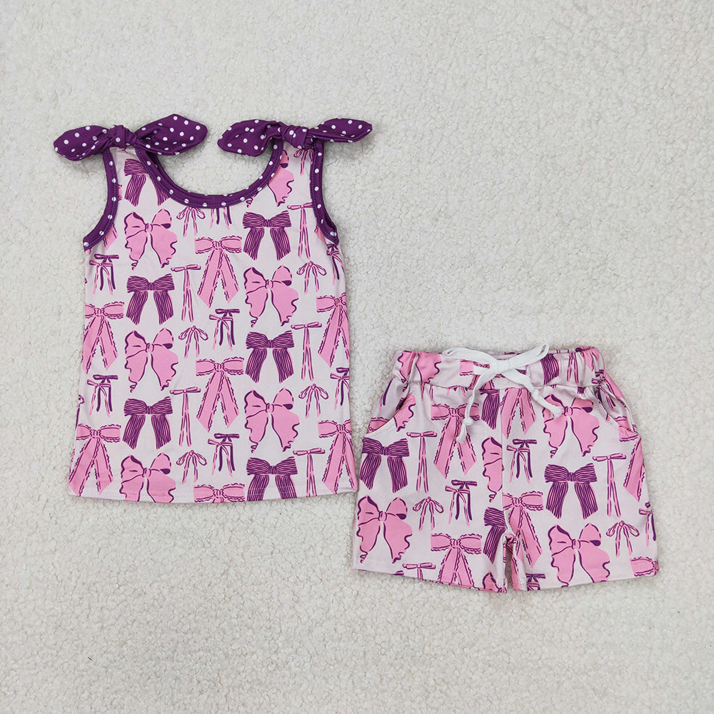 Sibling Baby Girls Purple Bows Summer outfits Clothing Sets