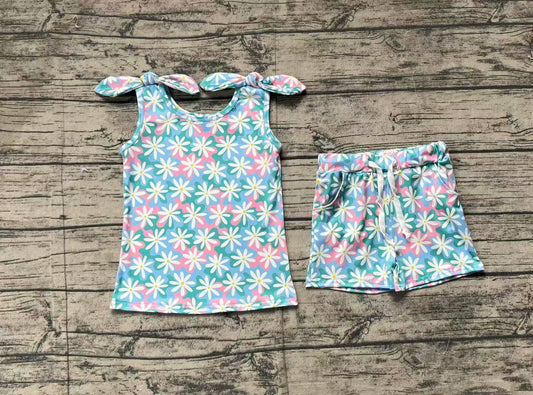 Baby Girls Blue Flowers Bows Tie Tops Shorts Clothes Sets