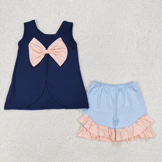 Baby Girls Navy Big Bow Back Tunic Tops Ruffle Shorts Clothes Sets