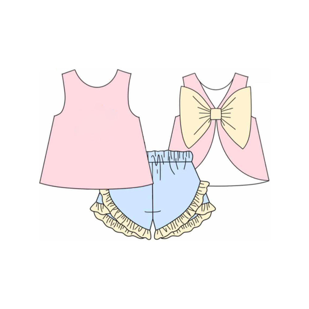 Preorder moq 5 Baby Girls Pink Big Bow Back Tunic Tops Ruffle Shorts Clothes Sets