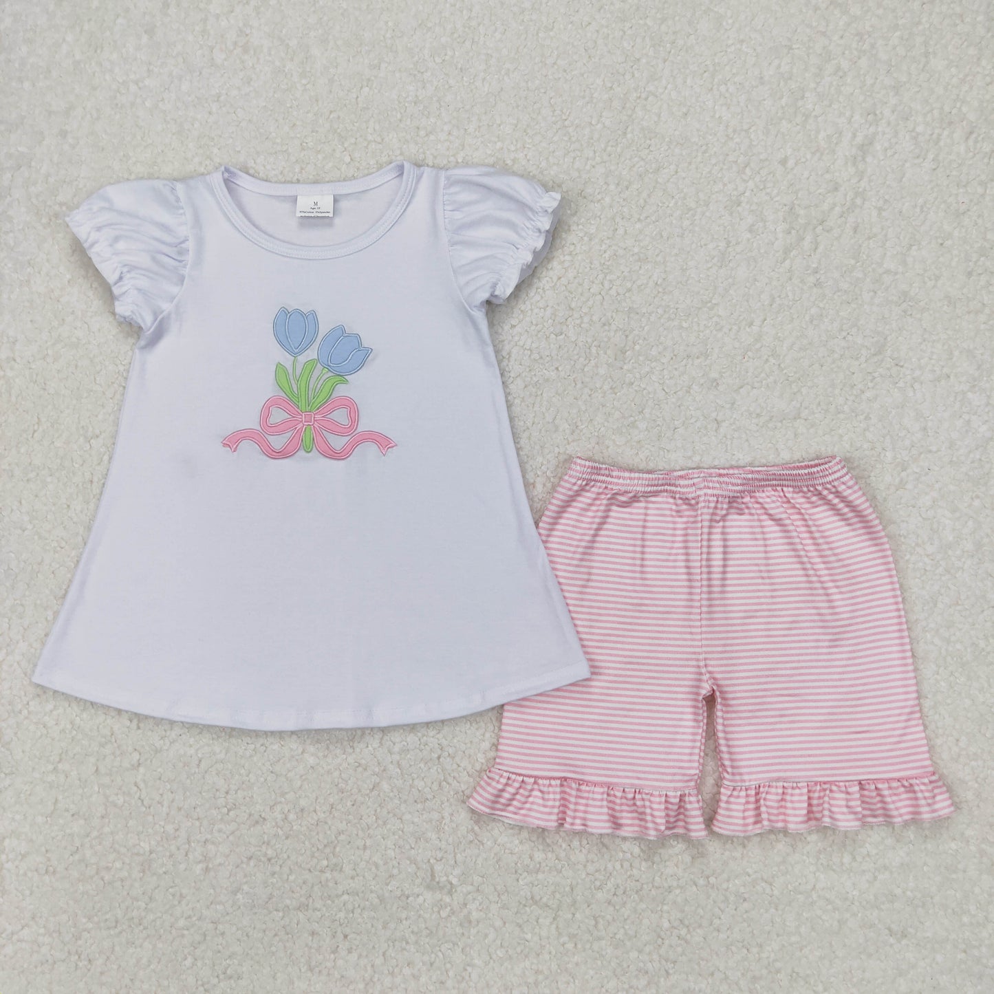 Sibling Embroidery Baby Girls Flowers Bows Tops Ruffle Shorts Clothes Sets
